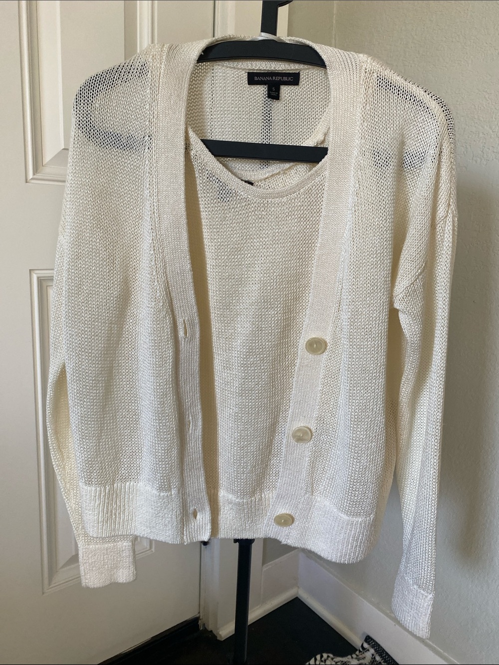 Banana Republic Ivory Open-Knit Button Cardigan